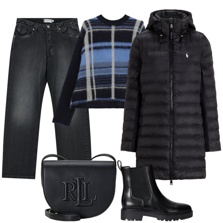 Outfit donna - Quasi un Total black. Stile Casual per Tutti i giorni. Abbinamento con jeans dritti, maglieria, cappotti, borse a tracolla, stivaletti chelsea.