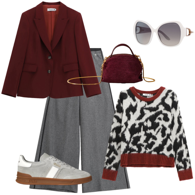 Outfit donna - Burgundy Mood. Stile Chic per Tutti i giorni. Abbinamento con pullovers, pantaloni, blazer, borse a mano, sneakers, occhiali da sole.