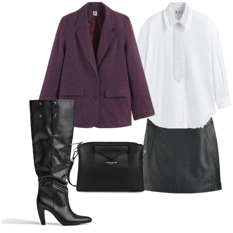 Outfit mujer - Casual chic #19985. Estilo Casual chic para Oficina. Combinación con blazers, botas, bandoleras, camisas, minifaldas.