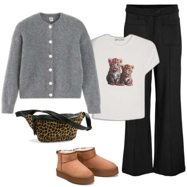 Outfit mujer - Casual #13611. Estilo Casual para Todos los días. Combinación con pantalones, botines, riñoneras, camiseta, cárdigans.