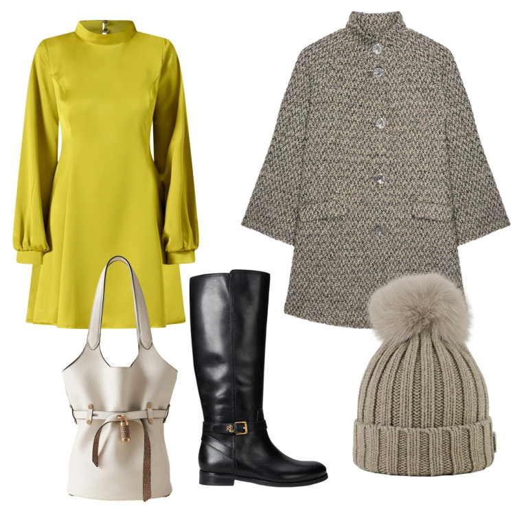 Outfit donna - Un vestito colorato. Stile Bon Ton per Tutti i giorni. Abbinamento con vestiti corti, borse a secchiello, stivali, berretti, cappotti.