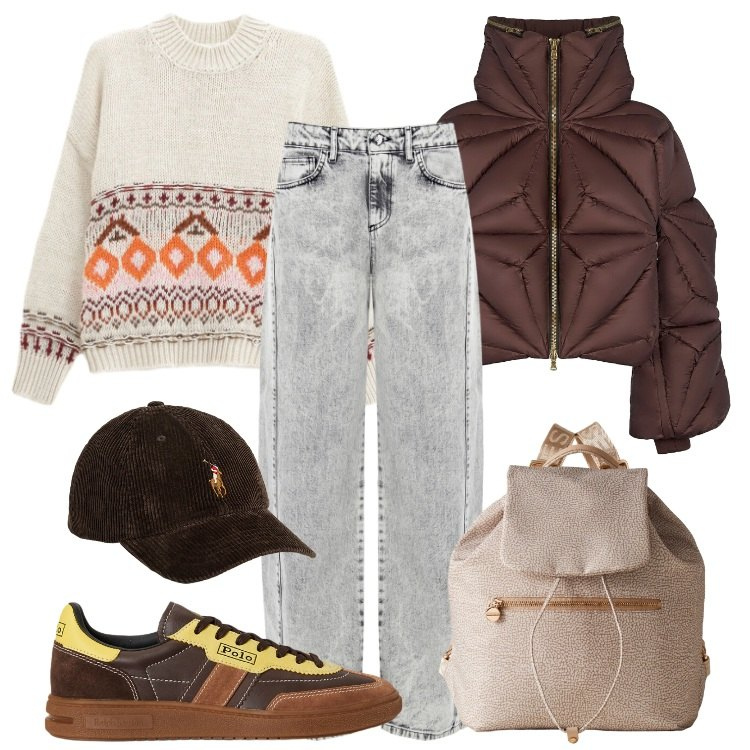 Outfit donna - Total look #2302306. Stile Urban per Tutti i giorni. Abbinamento con maglieria, jeans, zaini, cappelli con visiera, sneakers, piumini.