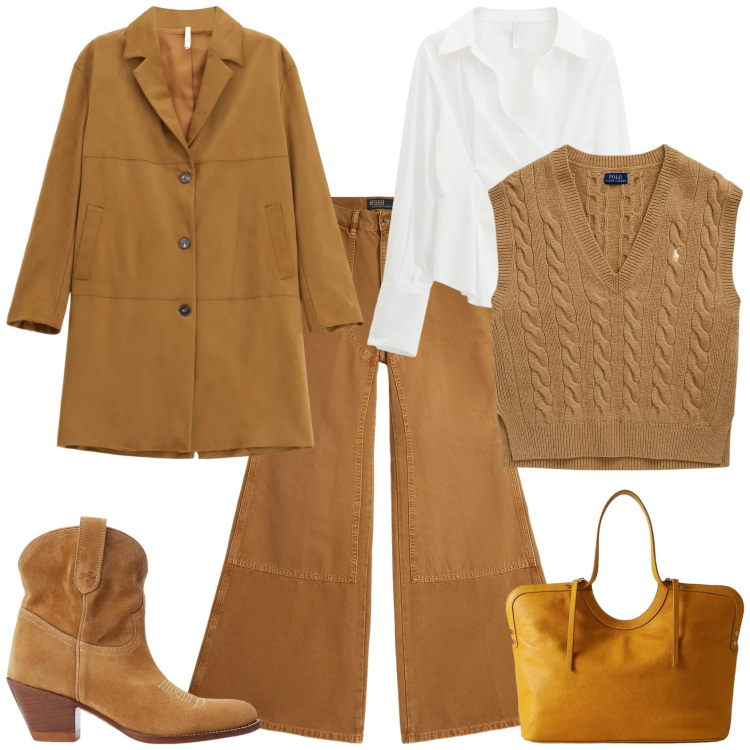 Outfit donna - Casual chic caramello. Stile Casual chic per Tutti i giorni. Abbinamento con camicie, cappotti, shopping bag, maglieria, stivaletti, pantaloni.