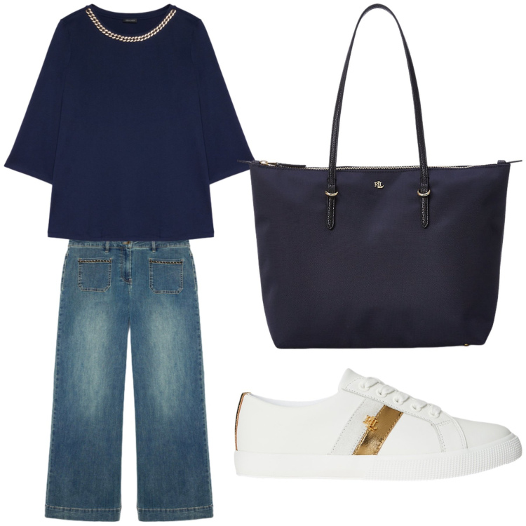 Outfit donna - Aperitivo. Stile Trendy per Tutti i giorni. Abbinamento con borse tote, sneakers, jeans, bluse.