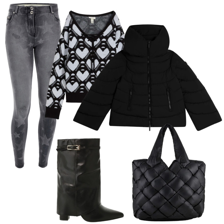 Outfit donna - Mix and Match. Stile Trendy per Tutti i giorni. Abbinamento con maglieria, stivali, jeans skinny, piumini, borse tote.