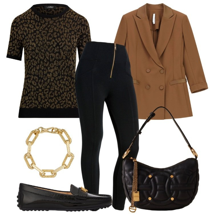 Outfit donna - Total look #2302312. Stile Preppy per Ufficio. Abbinamento con blazer, borse a spalla, pantaloni skinny, mocassini, maglieria, braccialetti.