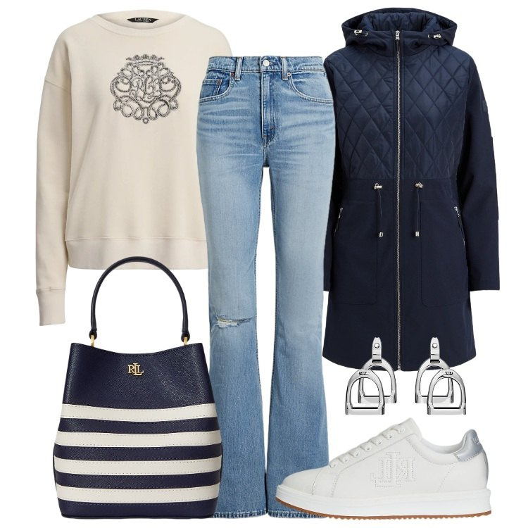 Outfit donna - Total look #2302314. Stile Casual per Tutti i giorni. Abbinamento con jeans, orecchini, pullovers, borse a secchiello, giacche, sneakers.