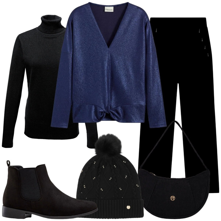 Outfit donna - Nero e blu. Stile Glamour per Tutti i giorni. Abbinamento con bluse, maglieria, stivaletti chelsea, berretti, pantaloni, borse a mano.