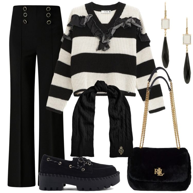 Outfit donna - Warm e chic. Stile Glamour per Serata fuori. Abbinamento con maglieria, pantaloni, borse a spalla, sciarpe, orecchini, mocassini.