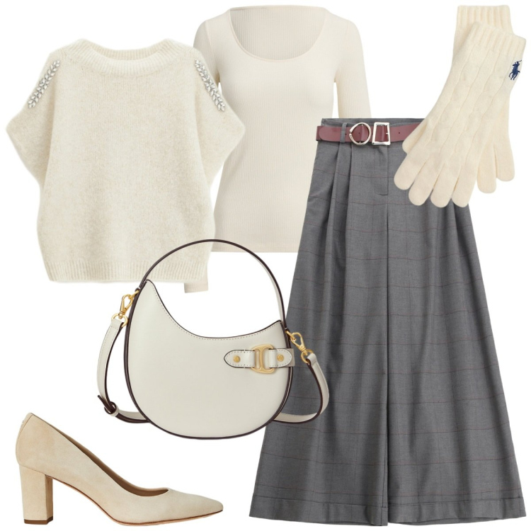 Outfit donna - Boh. Stile Glamour per Tutti i giorni. Abbinamento con pantaloni, maglieria, décolleté, guanti, t-shirt, borse a tracolla.