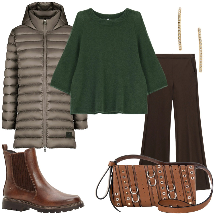 Outfit donna - Marrone e verde. Stile Casual chic per Tutti i giorni. Abbinamento con stivaletti chelsea, borse a spalla, pantaloni, maglieria, orecchini, piumini.