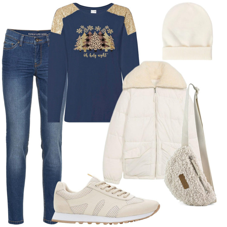 Outfit donna - Shopping Natalizio. Stile Casual per Tutti i giorni. Abbinamento con giacche, jeans skinny, maglieria, sneakers, marsupi, berretti.