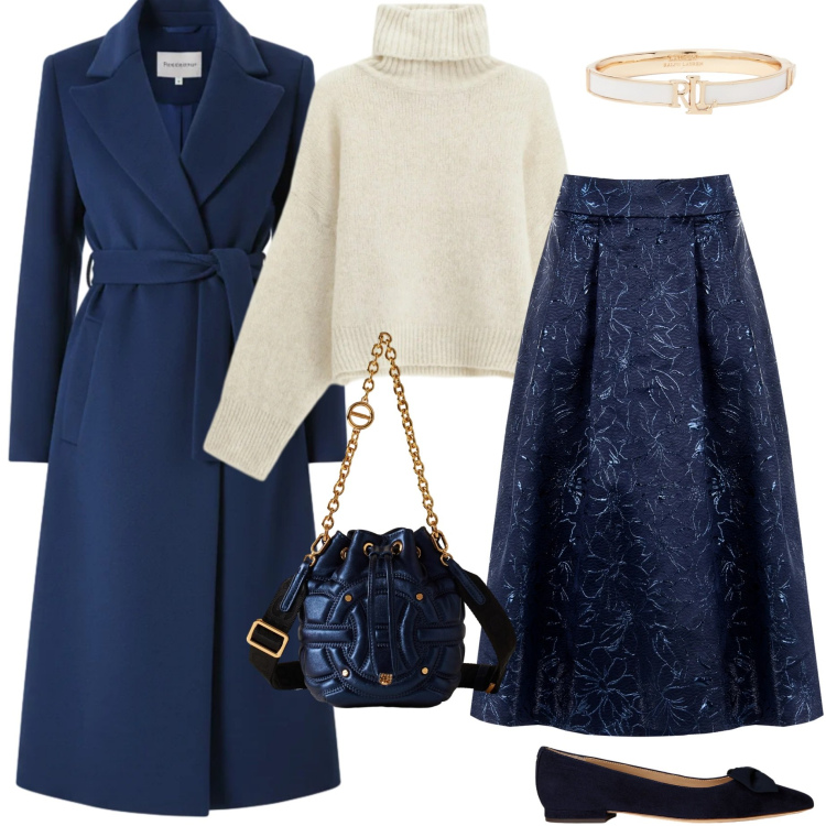 Outfit donna - Blu per le feste. Stile Chic per Serata fuori. Abbinamento con gonne longuette, cappotti, maglieria, borse a secchiello, ballerine, braccialetti.