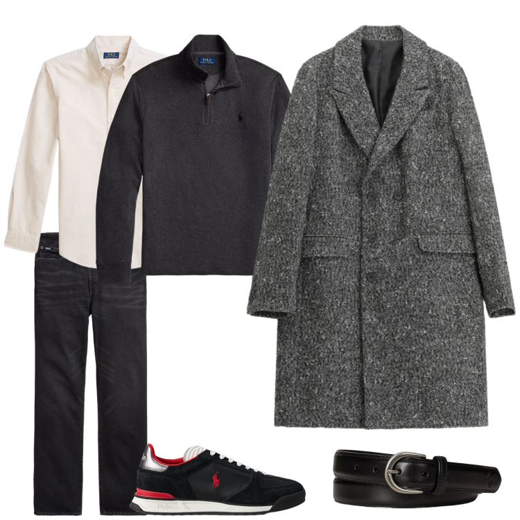 Outfit uomo - Total look #2302330. Stile Casual per Tutti i giorni. Abbinamento con cappotti, cinture, sneakers, camicie, jeans dritti, pullovers.