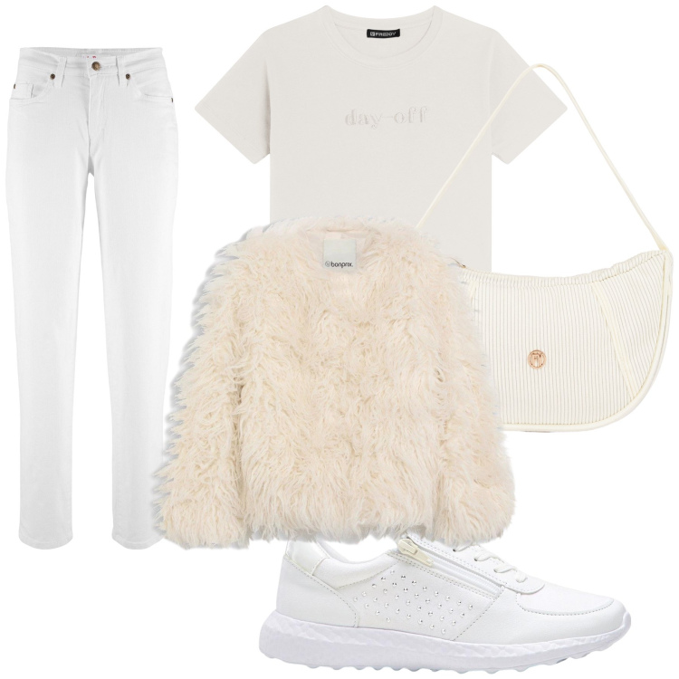 Outfit donna - Bianco invernale. Stile Casual chic per Tutti i giorni. Abbinamento con ecopellicce, jeans mom, sneakers, t-shirt, borse a mano.