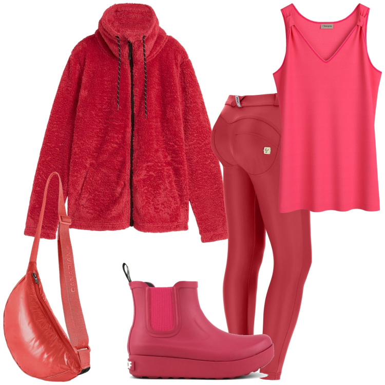 Outfit donna - Il rosso nel freddo. Stile Casual per Tutti i giorni. Abbinamento con blazer, top, pantaloni skinny, borse sportive, stivali.