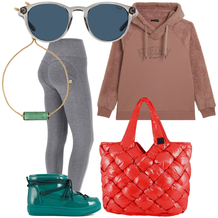Outfit donna - Accessori a colori. Stile Casual per Tutti i giorni. Abbinamento con pantaloni skinny, felpe, occhiali da sole, braccialetti, borse tote, stivali da neve.