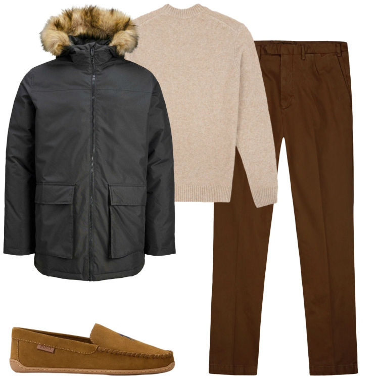 Outfit uomo - Total look #2302344. Stile Urban per Tutti i giorni. Abbinamento con parka, scarpe stringate, pantaloni, maglieria.