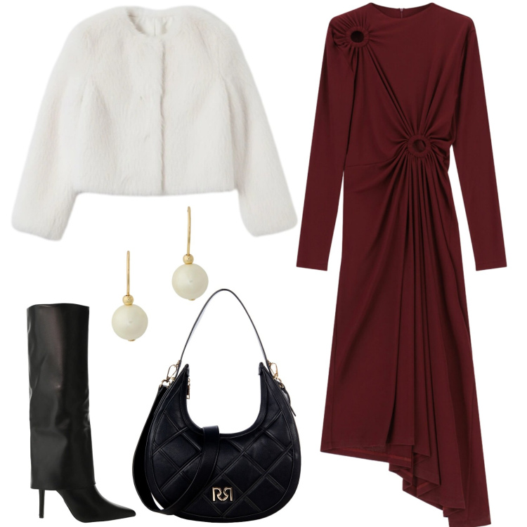 Outfit donna - A teatro. Stile Chic per Serata fuori. Abbinamento con borse a tracolla, ecopellicce, stivali, vestiti lunghi, orecchini.