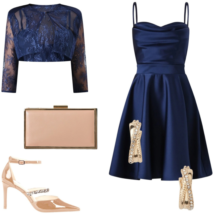 Outfit donna - Blu elegante. Stile Chic per Serata fuori. Abbinamento con pochette, vestiti corti, bolero, décolleté, orecchini.