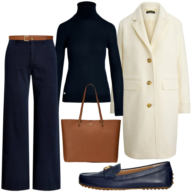 Outfit donna - Cappotto panna e maglia blu navy. Stile Casual chic per Tutti i giorni. Abbinamento con pantaloni, cappotti, mocassini, borse tote, maglieria, cinture.