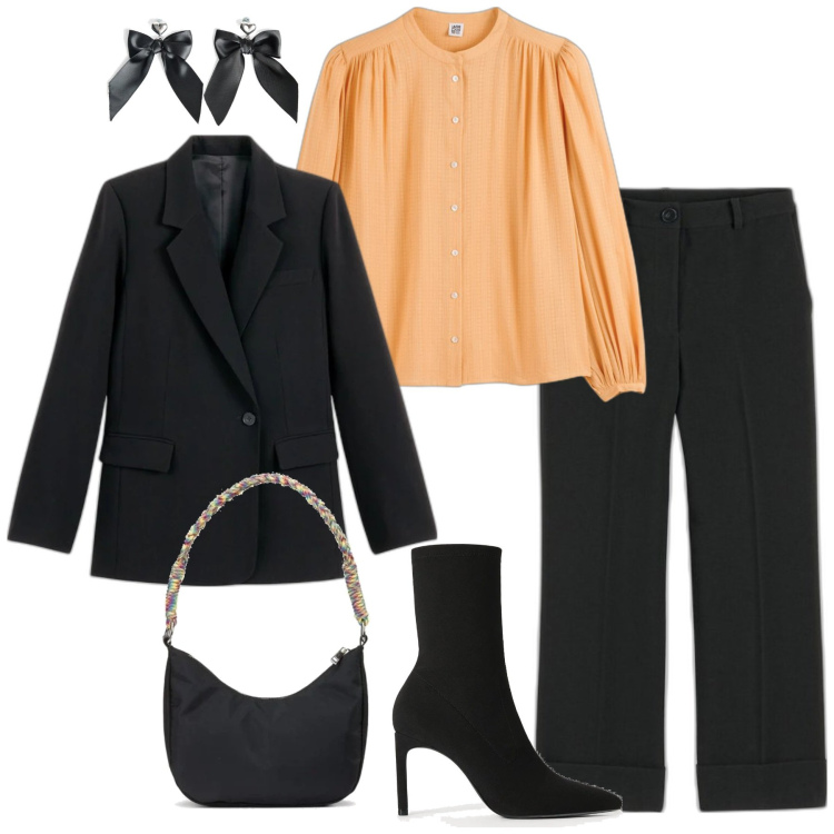 Outfit mujer - Casual chic #19996. Estilo Casual chic para Oficina. Combinación con blusas, bolsos de mano, pantalones, blazers, pendientes, botines.