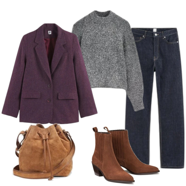 Outfit mujer - Casual #13616. Estilo Casual para Todos los días. Combinación con botas cowboy, vaqueros rectos, blazers, bolsos saco, prendas de punto.