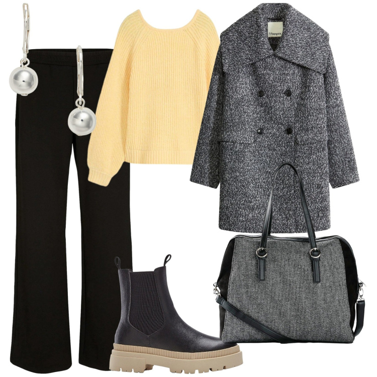 Outfit donna - Il giallo. per Tutti i giorni. Abbinamento con pantaloni a palazzo, cappotti, stivaletti chelsea, borse a mano, maglieria, orecchini.