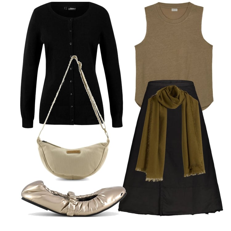 Outfit donna - Total look #2302378. Stile Casual chic per Tutti i giorni. Abbinamento con cardigans, sciarpe, gonne lunghe, top, ballerine, borse a tracolla.