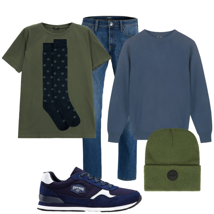 Outfit uomo - Total look #2302379. Stile Casual per Tutti i giorni. Abbinamento con sneakers, jeans, t-shirt, berretti, maglieria, calzini.