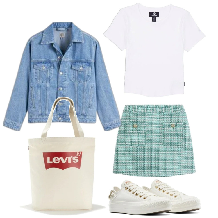 Outfit mujer - Preppy #885. Estilo Preppy para Todos los días. Combinación con minifaldas, sneakers, camiseta, blazers, bolso tote.
