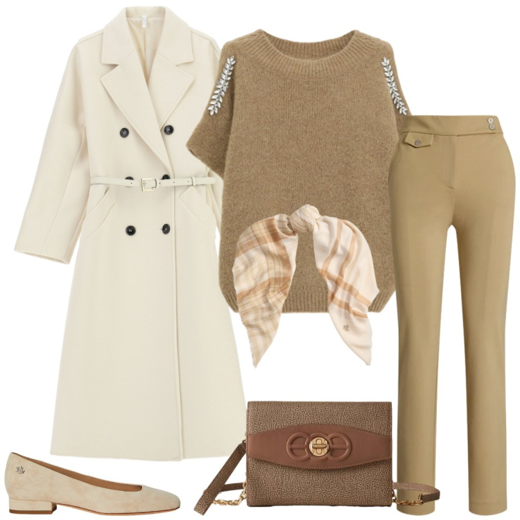 Outfit donna - Total look #2302383. Stile Minimal per Tutti i giorni. Abbinamento con cappotti, maglieria, borse a tracolla, pantaloni, ballerine, sciarpe.