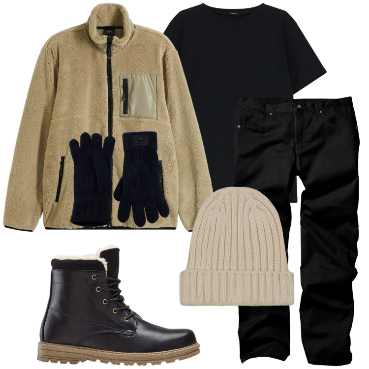 Outfit uomo - Total look #2302388. Stile Casual per Tutti i giorni. Abbinamento con pantaloni, stivali e stivaletti, giacche, t-shirt, guanti, berretti.