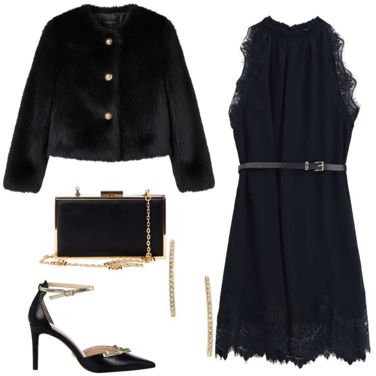 Outfit donna - Total look #2302389. Stile Chic per Serata fuori. Abbinamento con décolleté, pochette, ecopellicce, vestiti corti, orecchini.