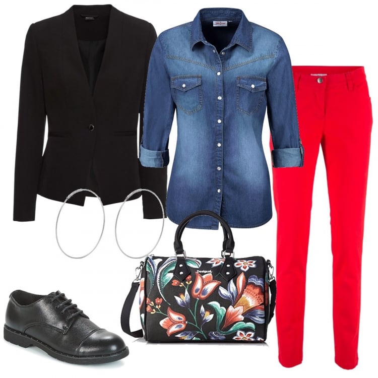 Outfit donna - Casual, Chic & Colors. Stile Basic per Tutti i giorni. Abbinamento con camicie, blazer, pantalone taglio dritto elasticizzato, scarpe nero, borsa nero, orecchini.