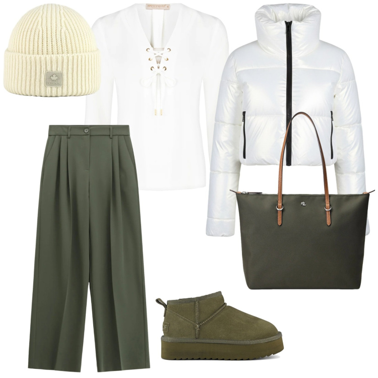 Outfit donna - Compere natalizie. per Tutti i giorni. Abbinamento con bluse, pantaloni a palazzo, borse tote, berretti, piumini, stivaletti.