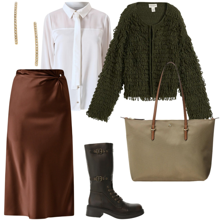 Outfit donna - A lavoro comoda. per Scuola/Università. Abbinamento con cardigans, gonne longuette, camicie, stivali, borse tote, orecchini.