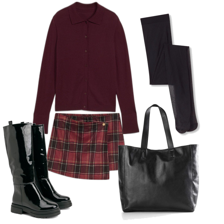 Outfit femme - Décembre. Style Preppy pour Tous les jours. Assortir avec sac cabas, pantalon cigarette, combishort, collants, gilets sans manche, cuissardes.
