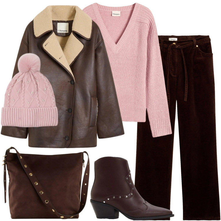 Outfit donna - Chic but warm. Stile Casual chic per Tutti i giorni. Abbinamento con pantaloni, blazer, stivaletti texani, shopping bag, maglieria, berretti.