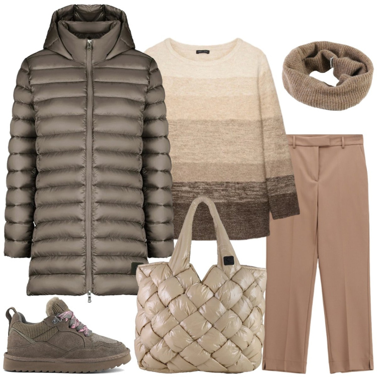 Outfit donna - Total look #2302398. Stile Chic per Tutti i giorni. Abbinamento con pantaloni, piumini, borse tote, scaldacollo, sneakers alte, maglieria.