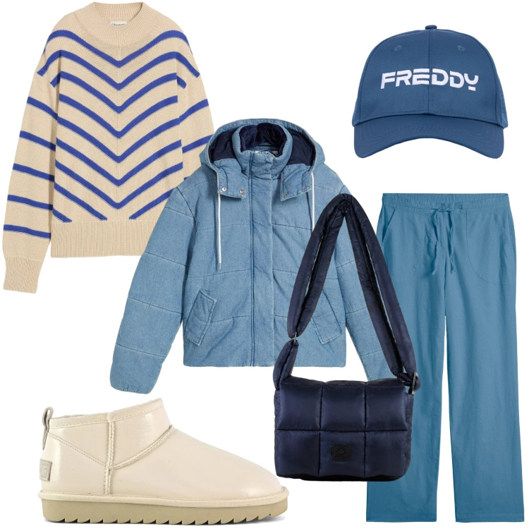 Outfit donna - Guardaroba basic. Stile Casual per Tutti i giorni. Abbinamento con pantaloni a palazzo, maglieria, giacche, cappelli, borse a spalla, stivali.