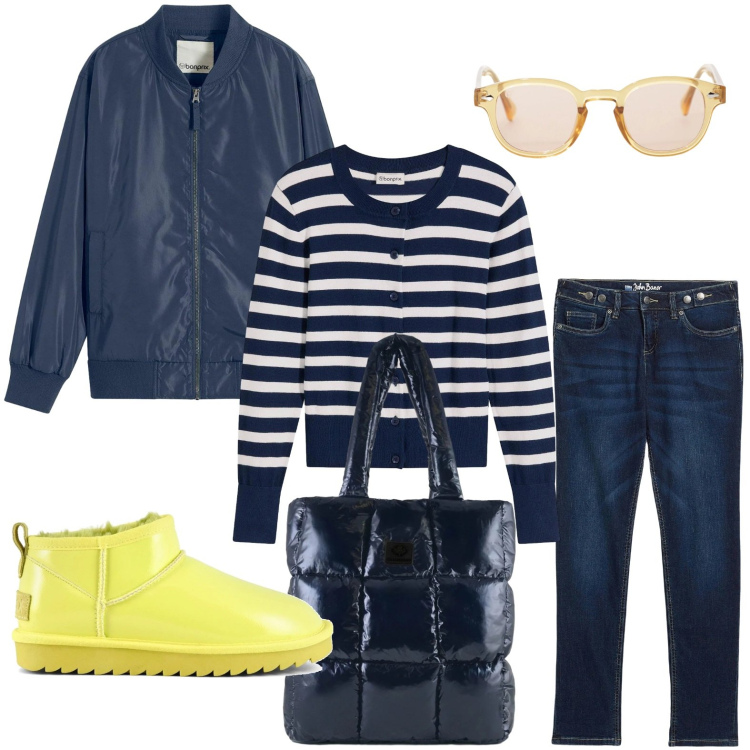 Outfit donna - Gli stivali originali. Stile Urban per Tutti i giorni. Abbinamento con jeans boyfriend, bomber, cardigans, occhiali da sole, shopping bag, stivali.