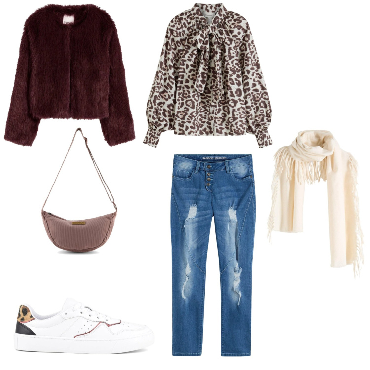 Outfit donna - Semplicità. Stile Casual per Tutti i giorni. Abbinamento con ecopellicce, jeans boyfriend, sciarpe, camicie, borse a tracolla, sneakers.