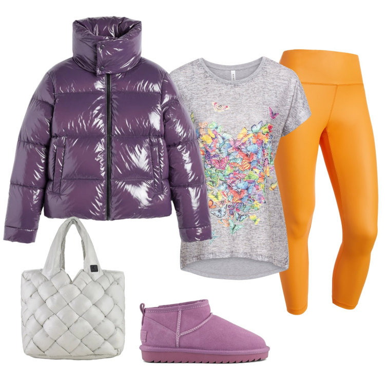 Outfit donna - Total look #2302411. Stile Sporty chic per Sport. Abbinamento con t-shirt, treggings, borse tote, piumini, stivali.