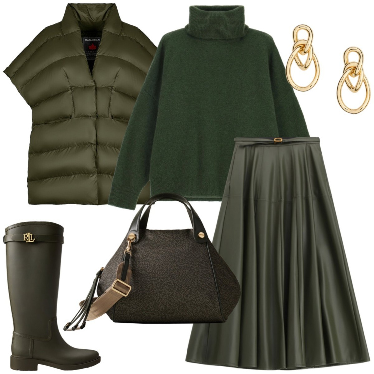 Outfit donna - Total look #2302412. Stile Casual chic per Tutti i giorni. Abbinamento con maglieria, gonne lunghe, borse a mano, stivali di gomma, orecchini, piumini.