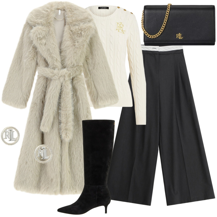 Outfit donna - Il cappotto in ecopelliccia. Stile Chic per Cerimonia. Abbinamento con pantaloni a palazzo, cappotti, maglieria, orecchini, stivali, borse a tracolla.