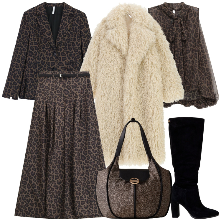 Outfit donna - Animalier. Stile Glamour per Serata fuori. Abbinamento con pantaloni, camicie, blazer, cappotti, shopping bag, stivali.