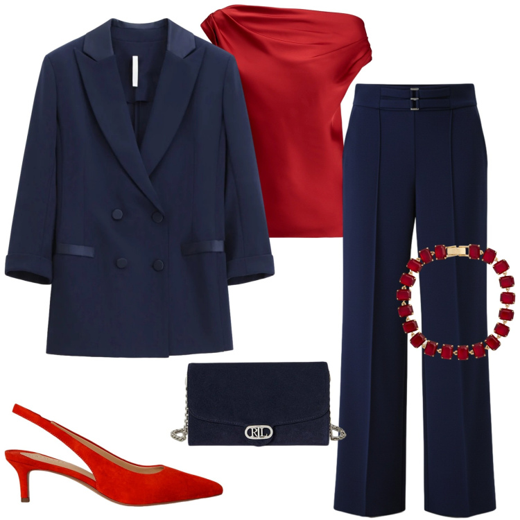 Outfit donna - Blu per le feste. Stile Chic per Serata fuori. Abbinamento con pantaloni a palazzo, blazer, décolleté, top, borse a tracolla, braccialetti.
