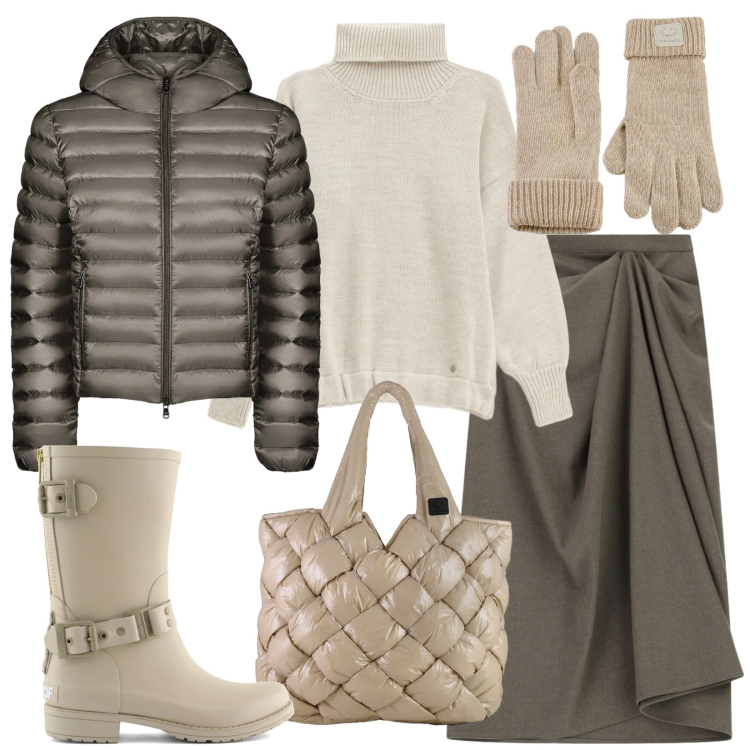 Outfit donna - Stile da neve. Stile Casual chic per Tutti i giorni. Abbinamento con maglieria, gonne longuette, bomber, borse tote, guanti, stivali.