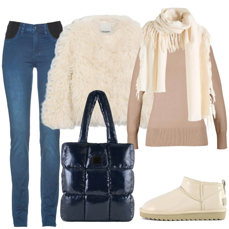 Outfit donna - Partica e moderna. Stile Trendy per Tutti i giorni. Abbinamento con maglieria, ecopellicce, jeans skinny, sciarpe, shopping bag, stivali.